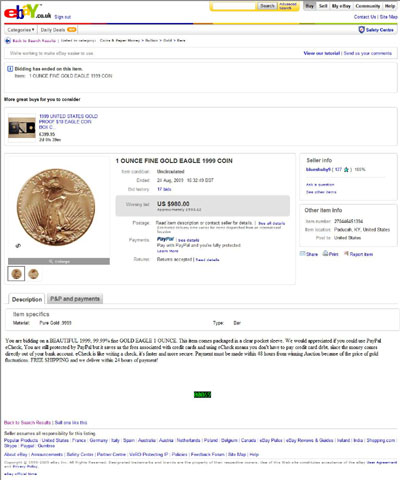 blueshuby9 eBay Listing Using our 1999 USA One Ounce Gold Eagle Photograph